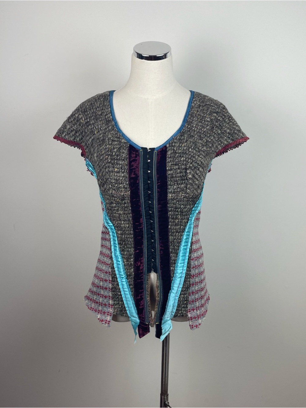 Cesar Arellanes Corset Brown Blue Knit Velvet Top Women Large Designer